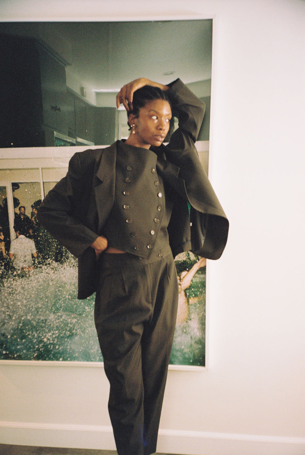 Hudson vest, anita blazer, and oxford pant in
slate.