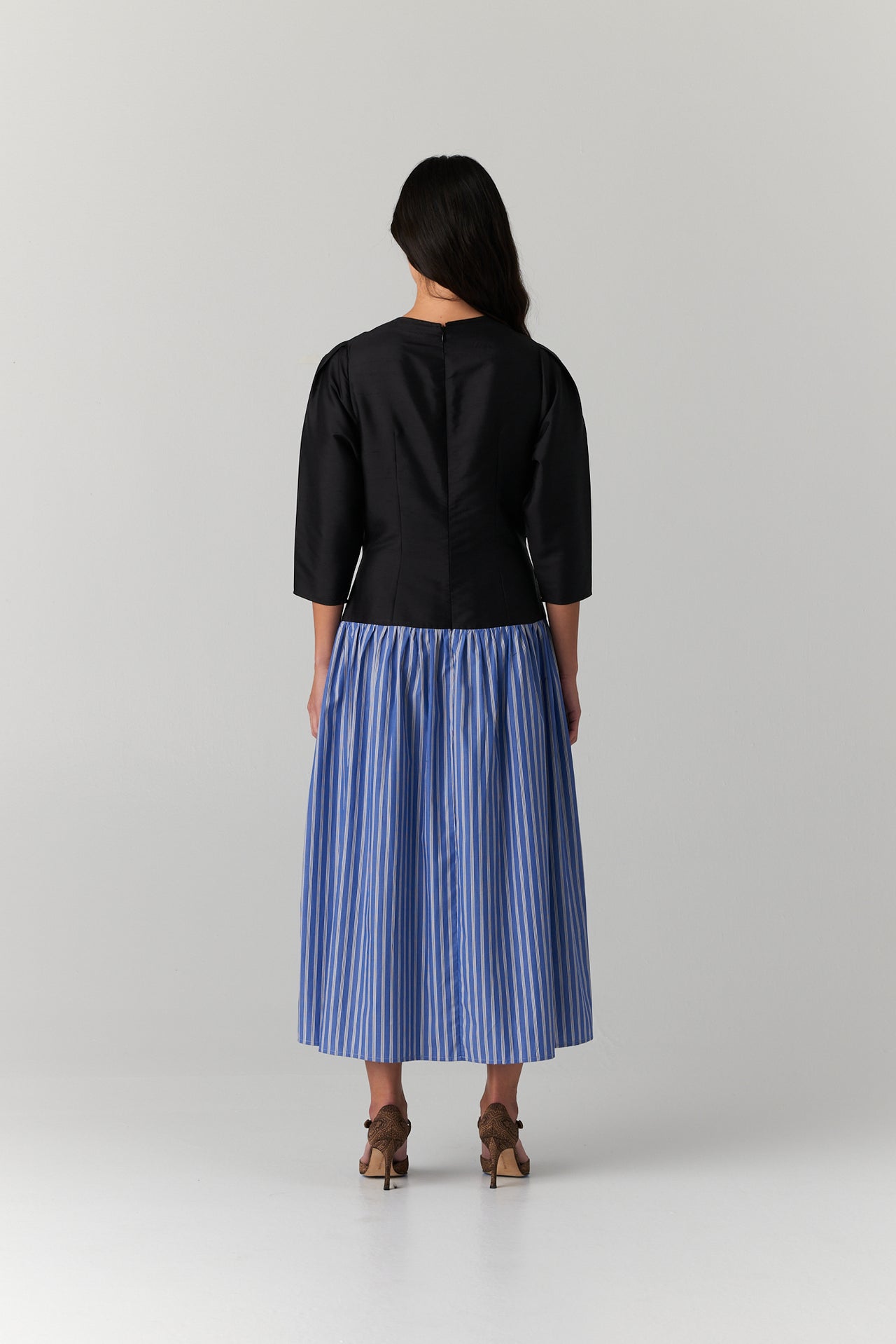 FLEUR DRESS — BLACK/COBALT STRIPE