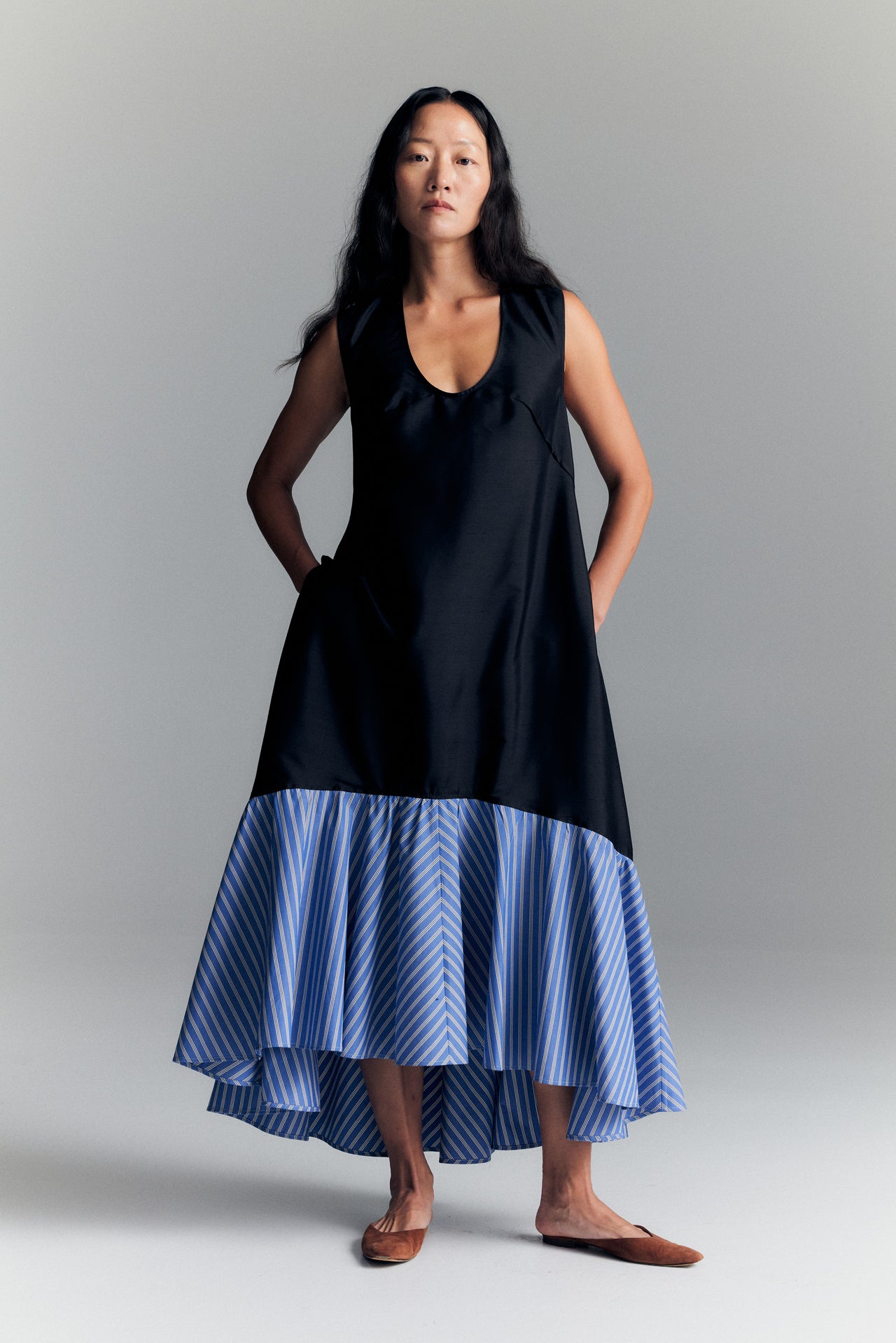 LYON DRESS — BLACK/COBALT STRIPE